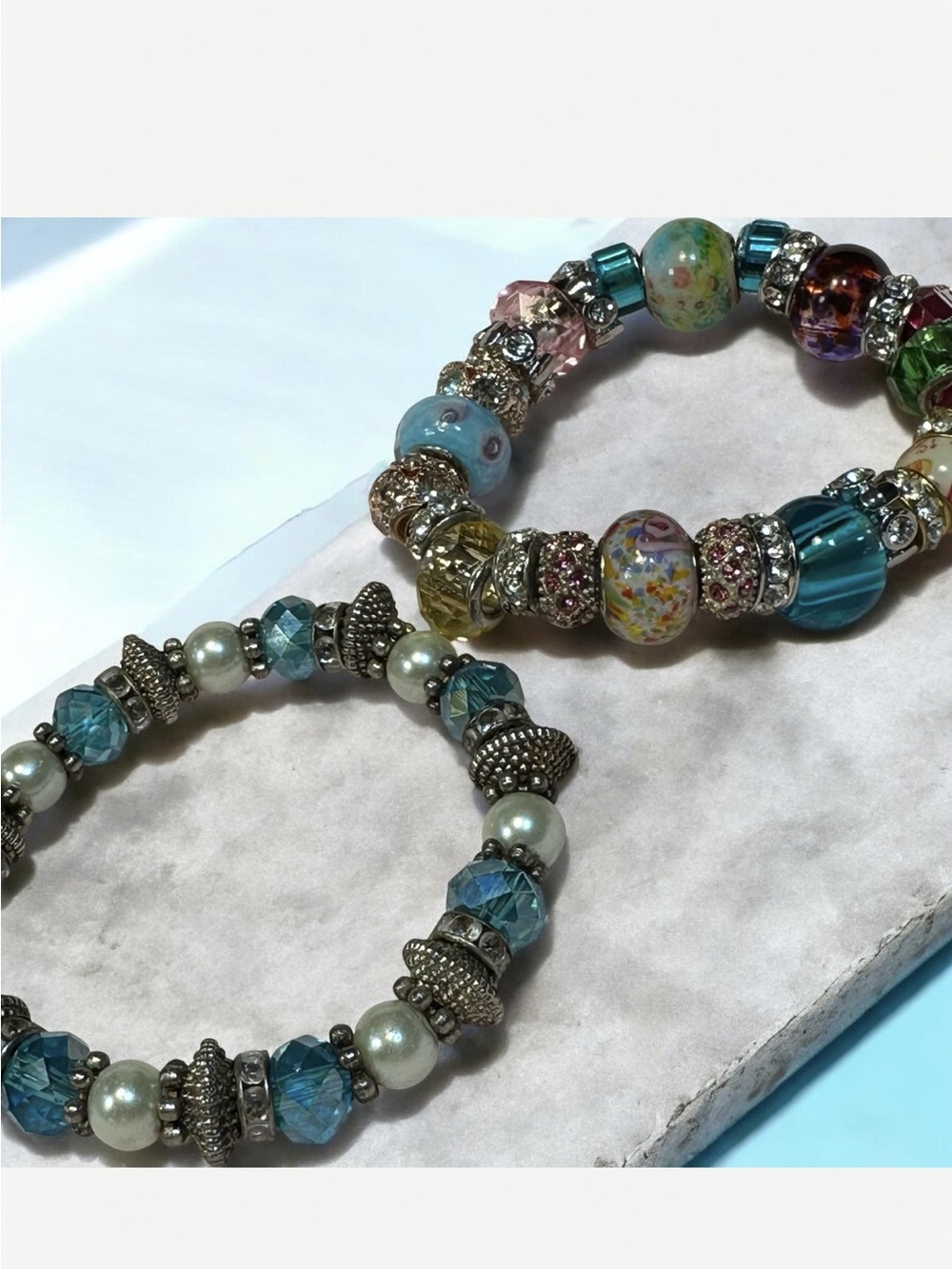Summer Resort Aqua & Pearl Stackable Bracelet Set - Authentic 925 Silver Beads